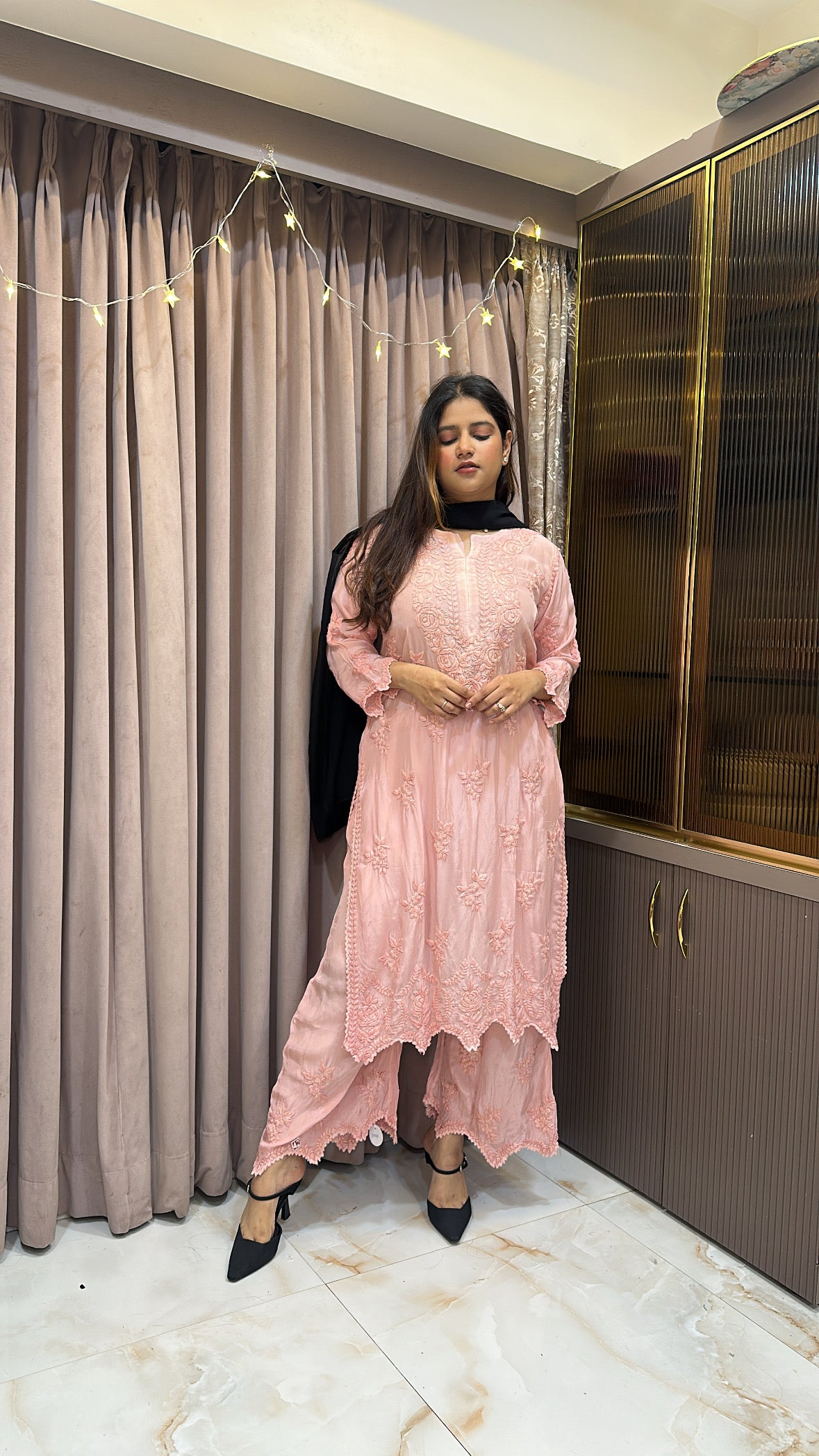 Peach Pure crepe cut work set