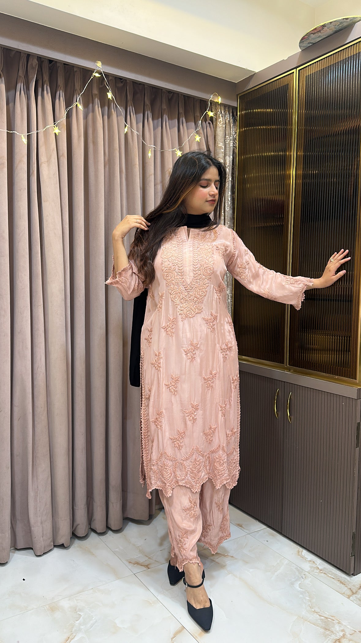 Peach Pure crepe cut work set