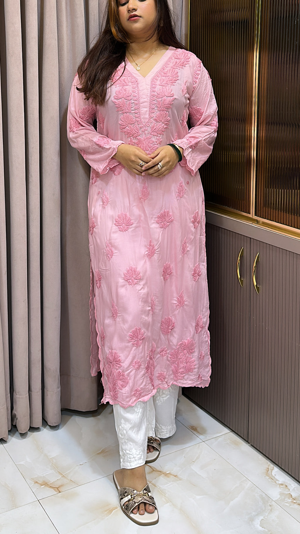 Peach Pure modal lucknowi cut work kurti