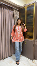 #2014 Peach Pure Rayon Lucknowi Short Top