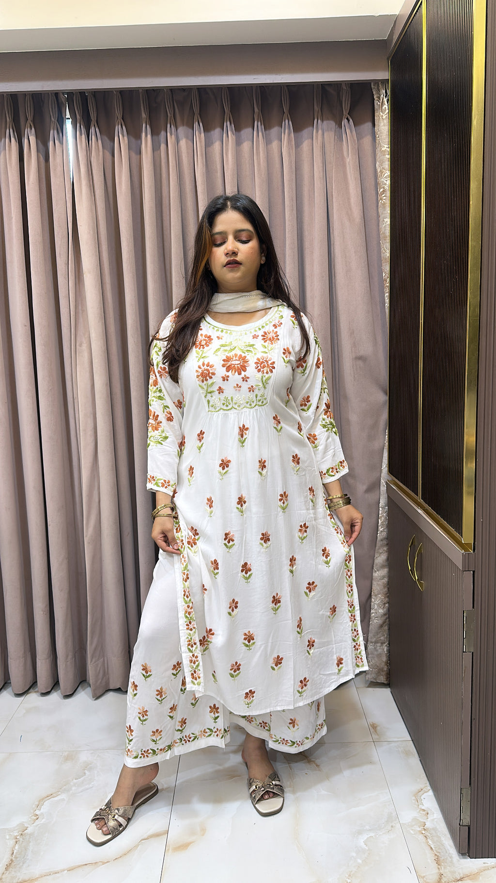 Rayon White with peach Aline plazo set