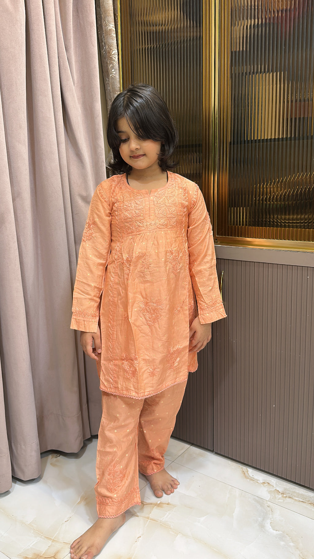 Peach lucknowi kids chanderi pant set