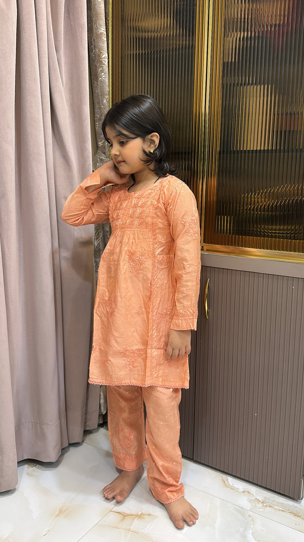 Peach lucknowi kids chanderi pant set