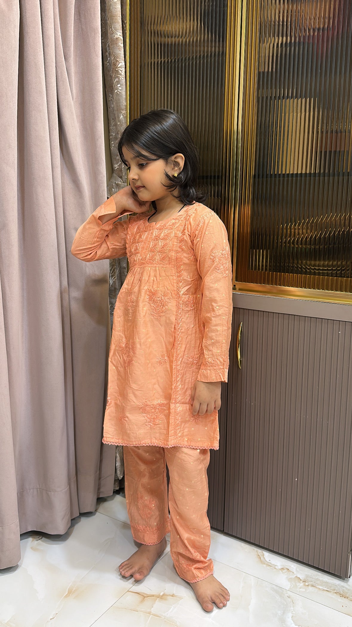 Peach lucknowi kids chanderi pant set
