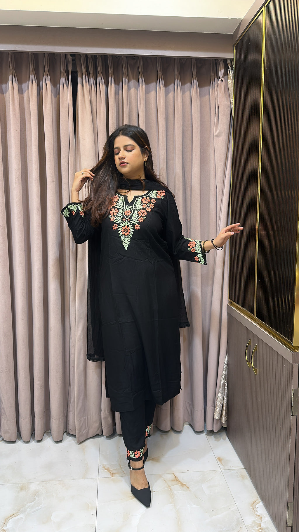 Rayon black with Peach cross sleeves plazo set