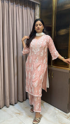 Peach Pure muslin Cutdana Cutwork set