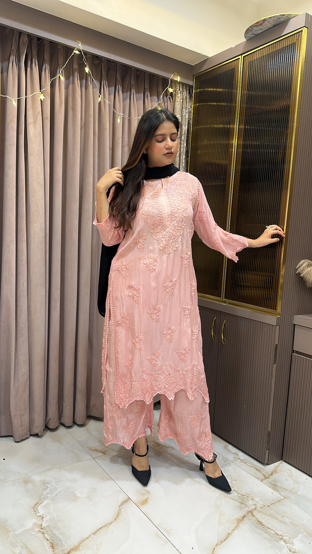 Peach Pure crepe cut work set