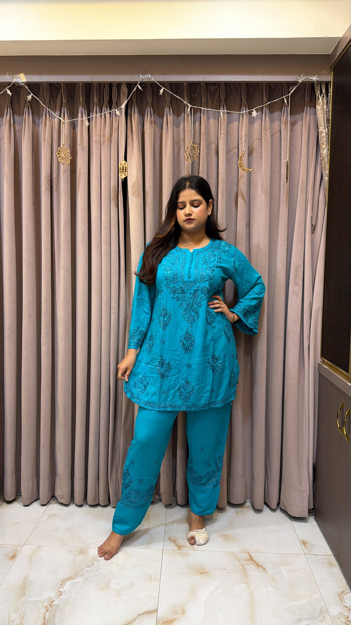 Peacock Blue Rayon lucknowi pant co ord set