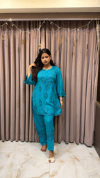 Peacock Blue Rayon lucknowi pant co ord set