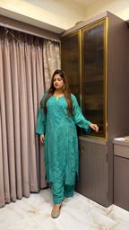 #2018 Peacocks Green Organza Crepe Plazo Set