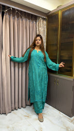 #2018 Peacocks Green Organza Crepe Plazo Set