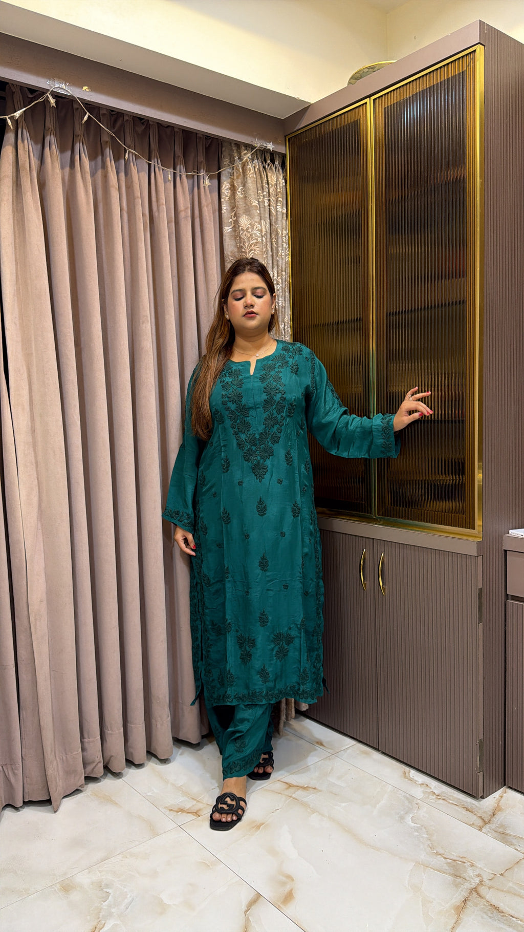 #2018 Pine Green Organza Crepe Plazo Set