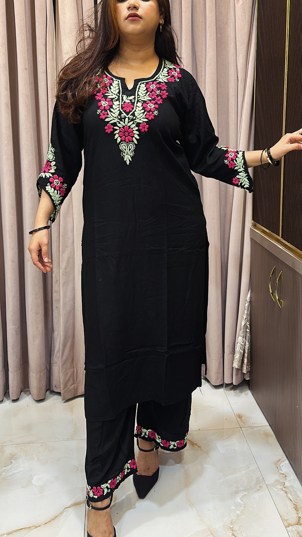 Rayon black with Hot Pink cross sleeves plazo set