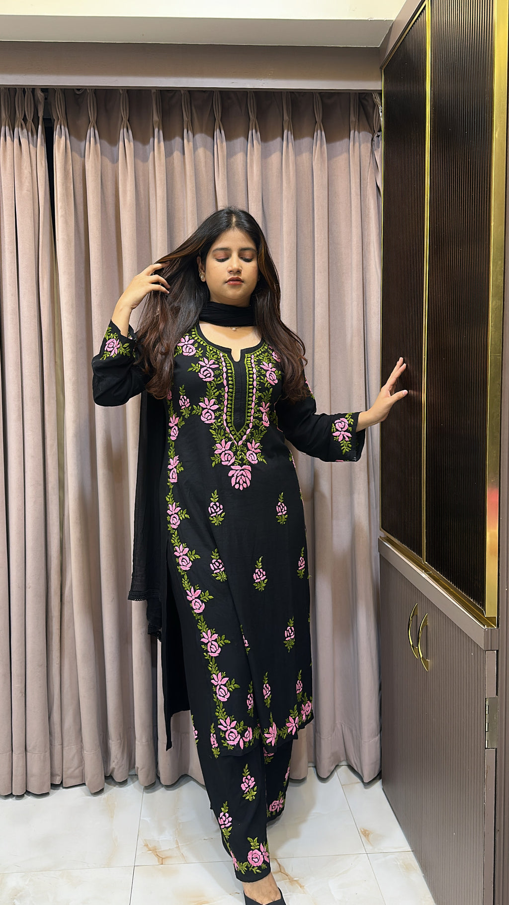 Pink coloured Rose black  plazo set