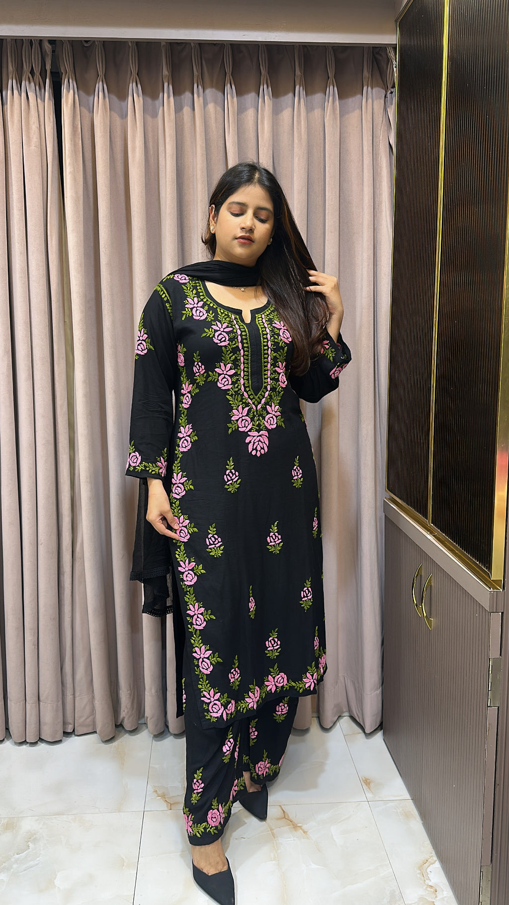 Pink coloured Rose black  plazo set