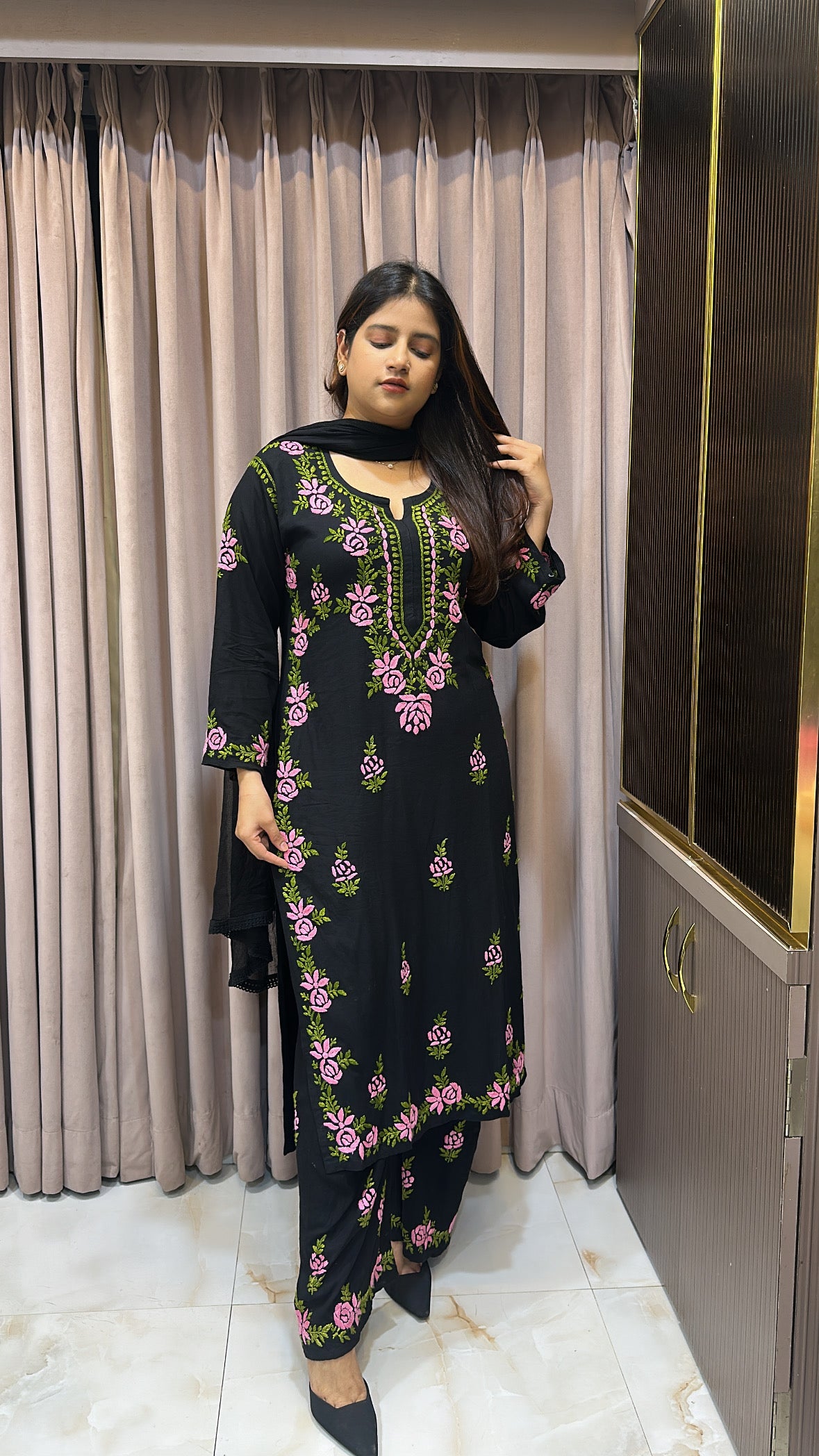 Pink coloured Rose black  plazo set