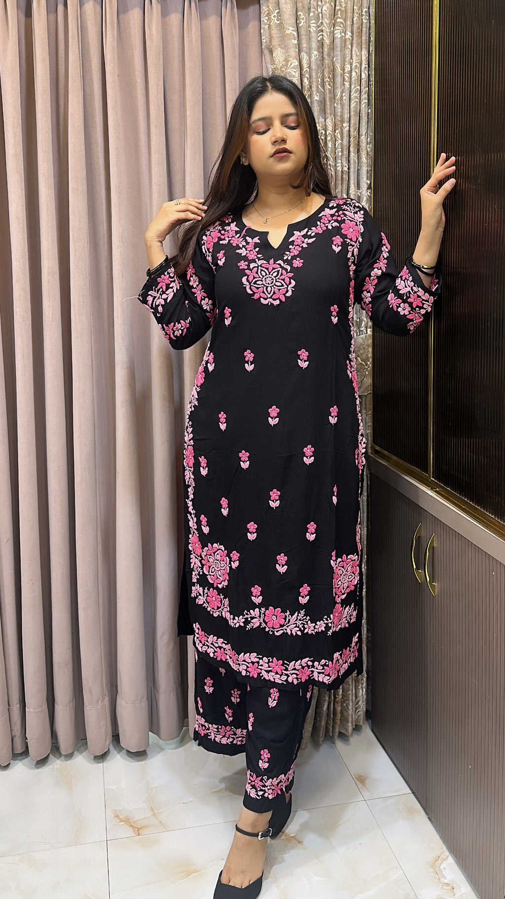 Black with Pink coloured plazo set