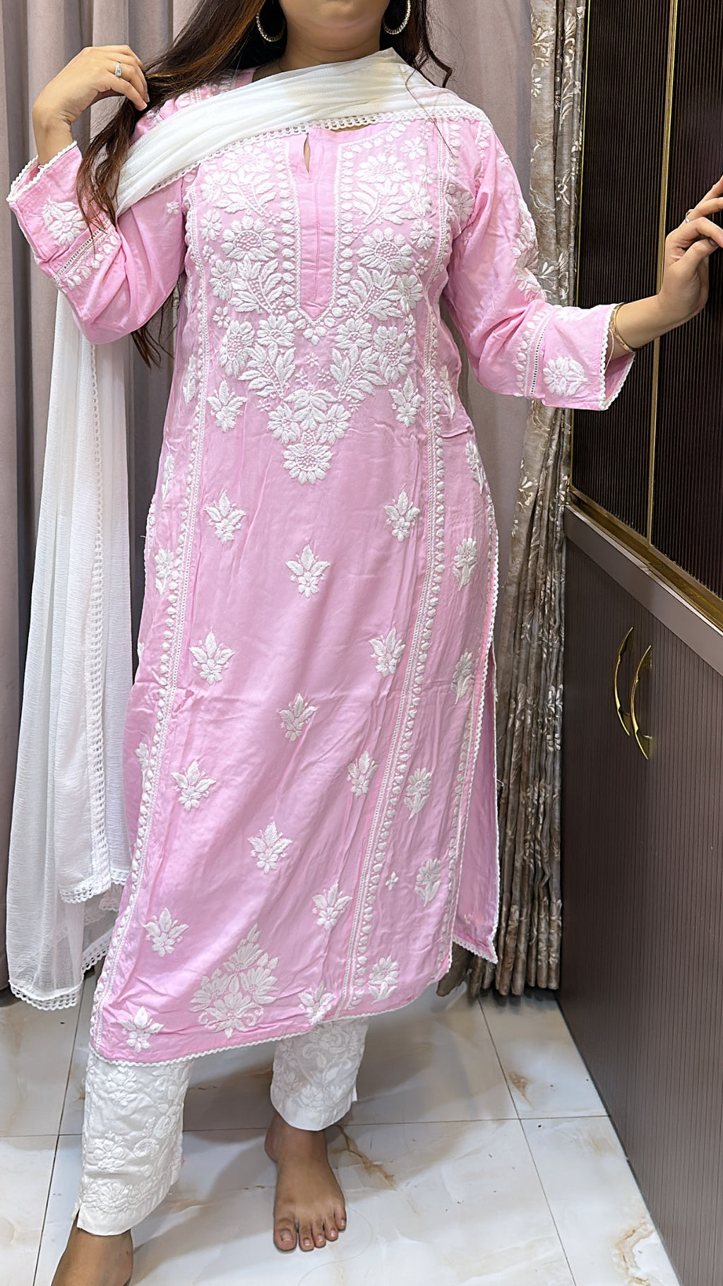 Pink Pure modal lucknowi kurti