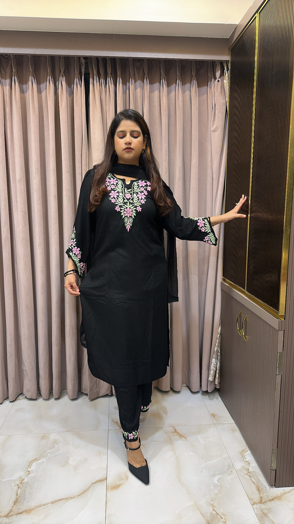 Rayon black with BabyPink cross sleeves plazo set