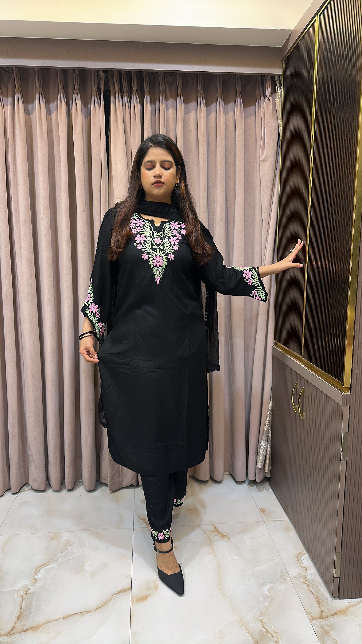 Rayon black with BabyPink cross sleeves plazo set