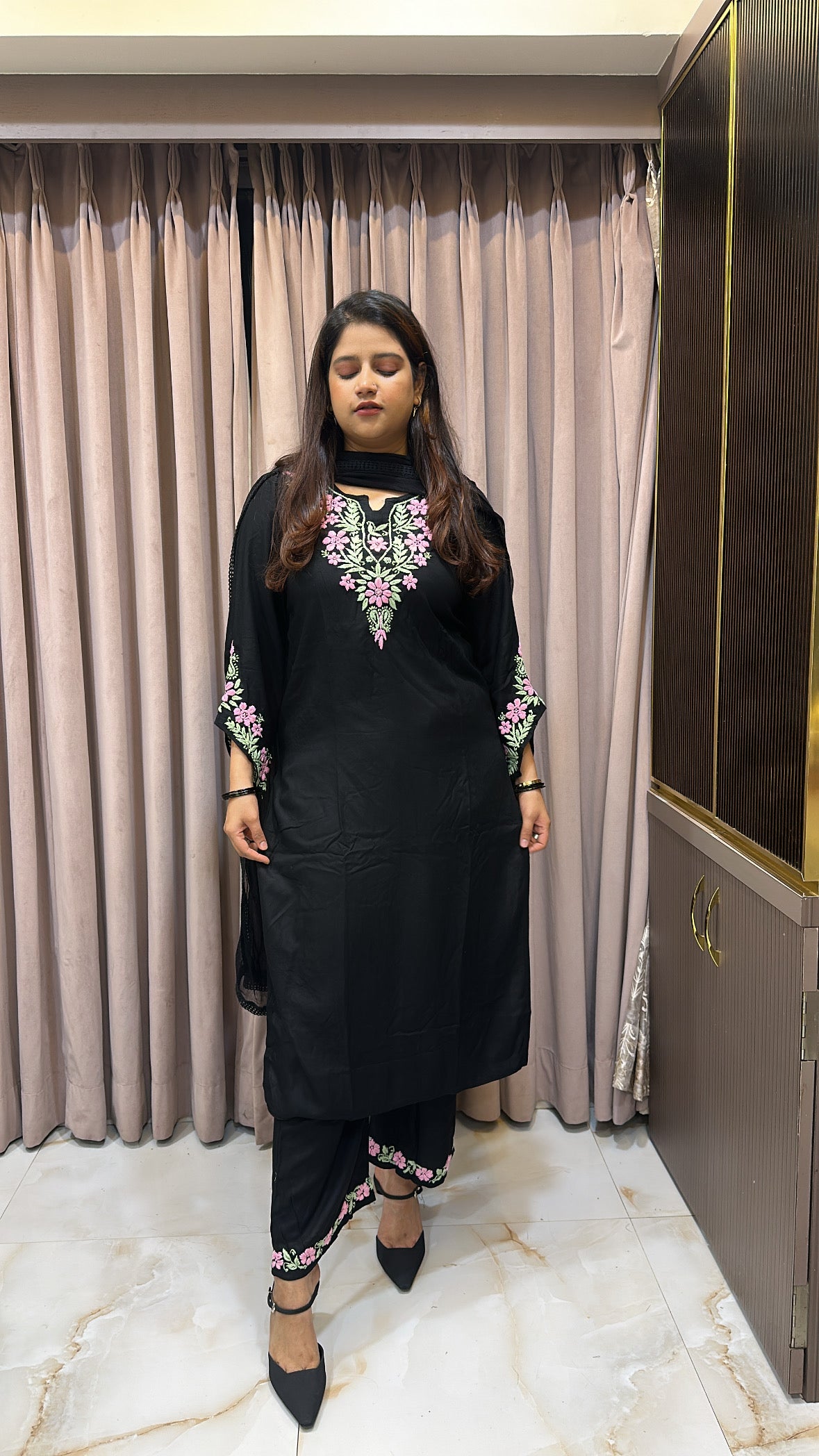 Rayon black with BabyPink cross sleeves plazo set