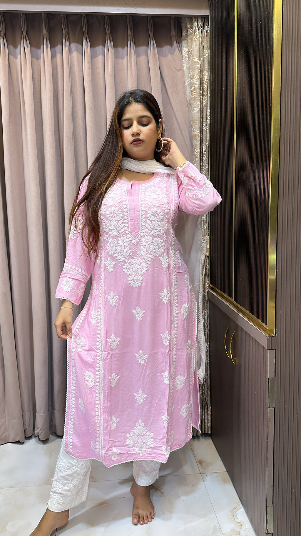 Pink Pure modal lucknowi kurti