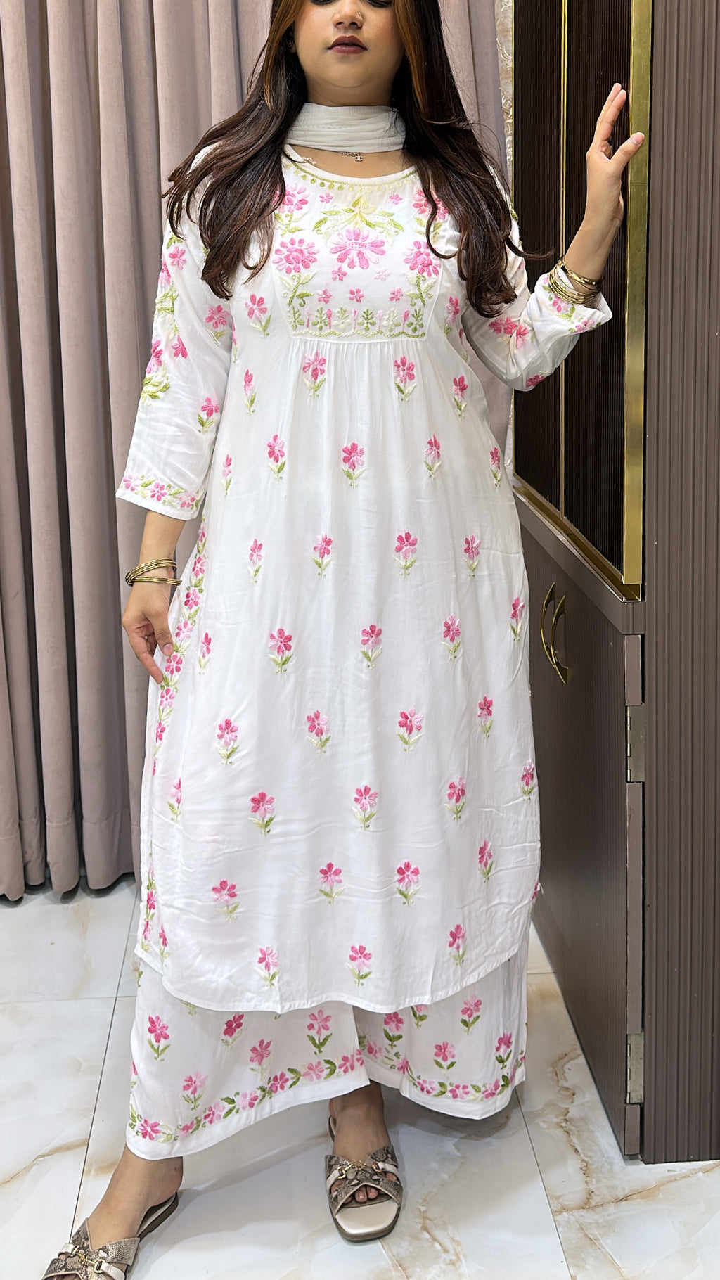Rayon White with Pink Aline plazo set