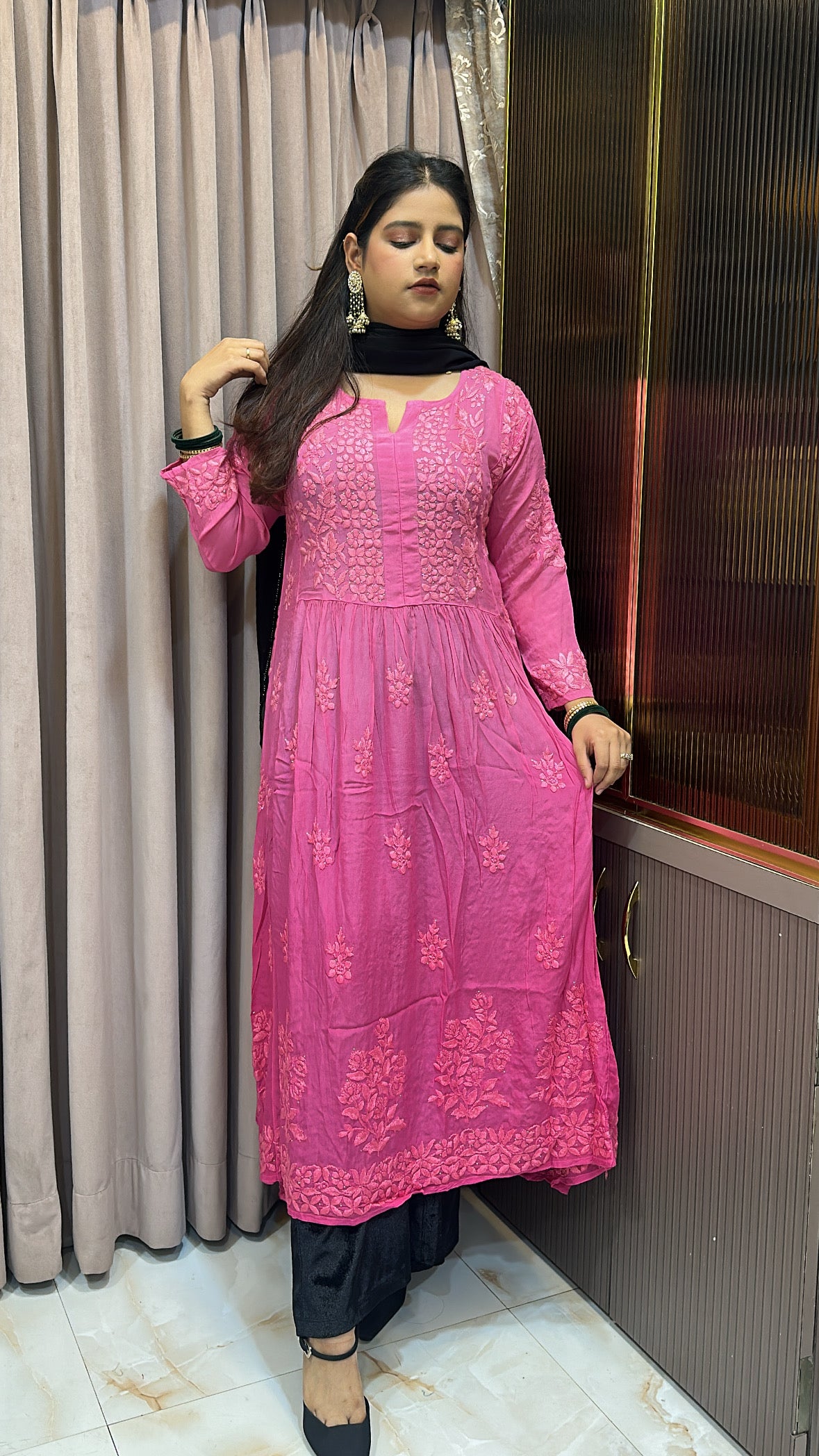 Pink Crepe Mukesh work  Aline gown