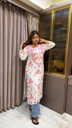 #2013 Pink & Cream Pure Rayon Lucknowi Kurti with Handwork