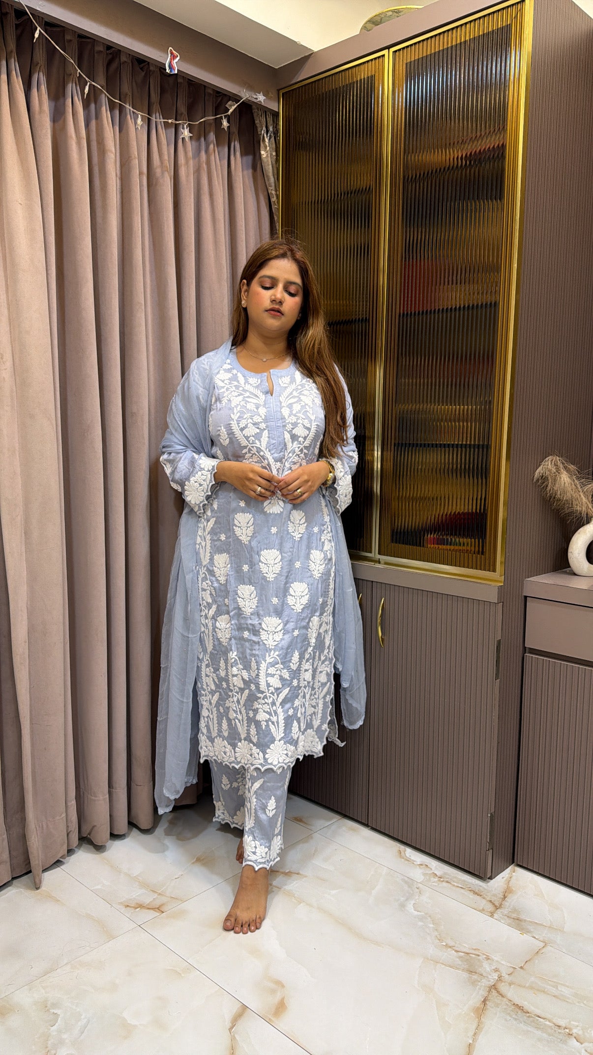 Powder blue Pure modal satin lucknowi plazo set