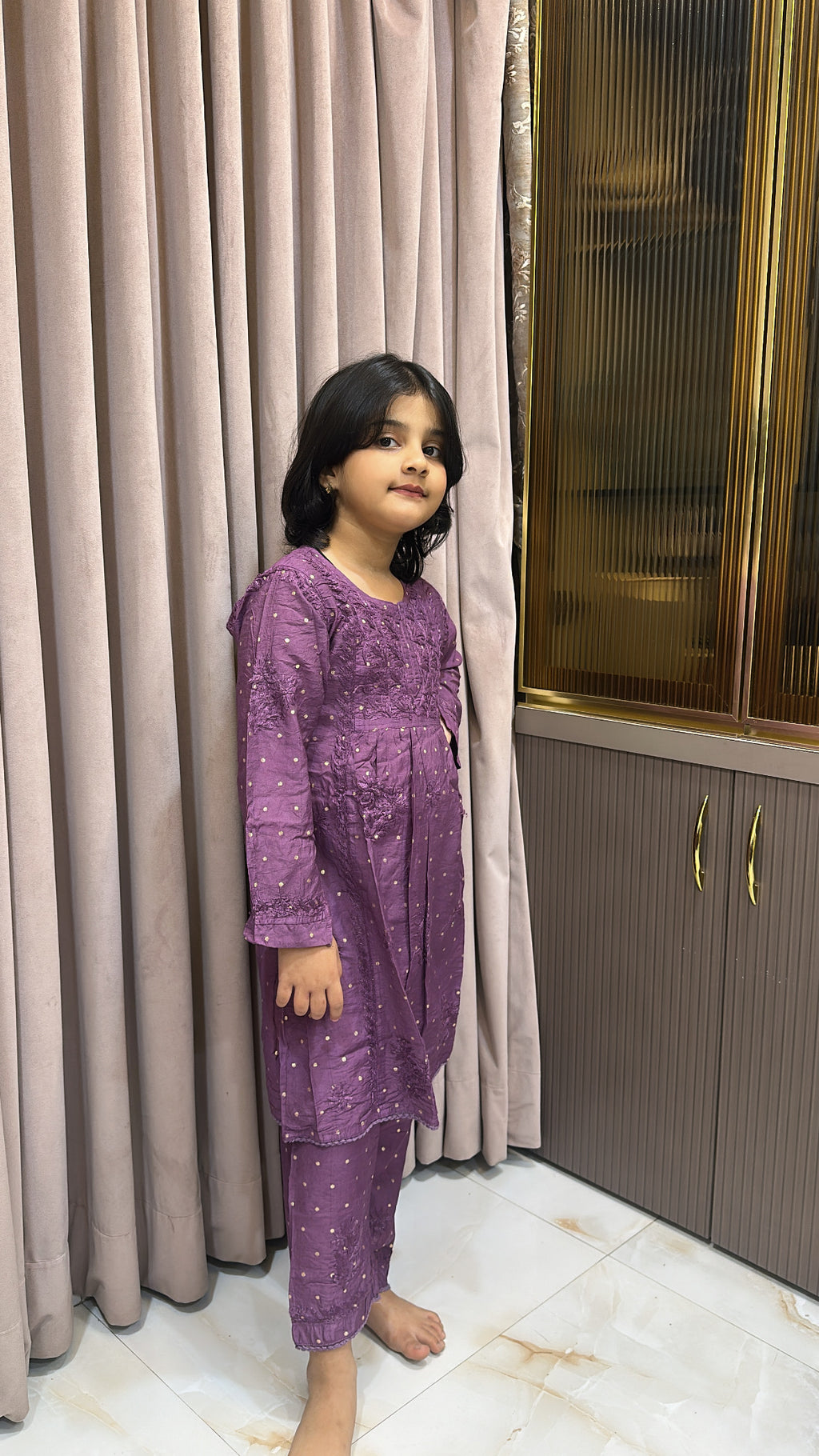 Purple lucknowi kids chanderi pant set