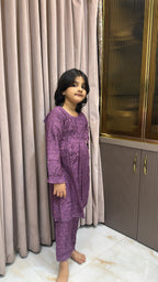 Purple lucknowi kids chanderi pant set