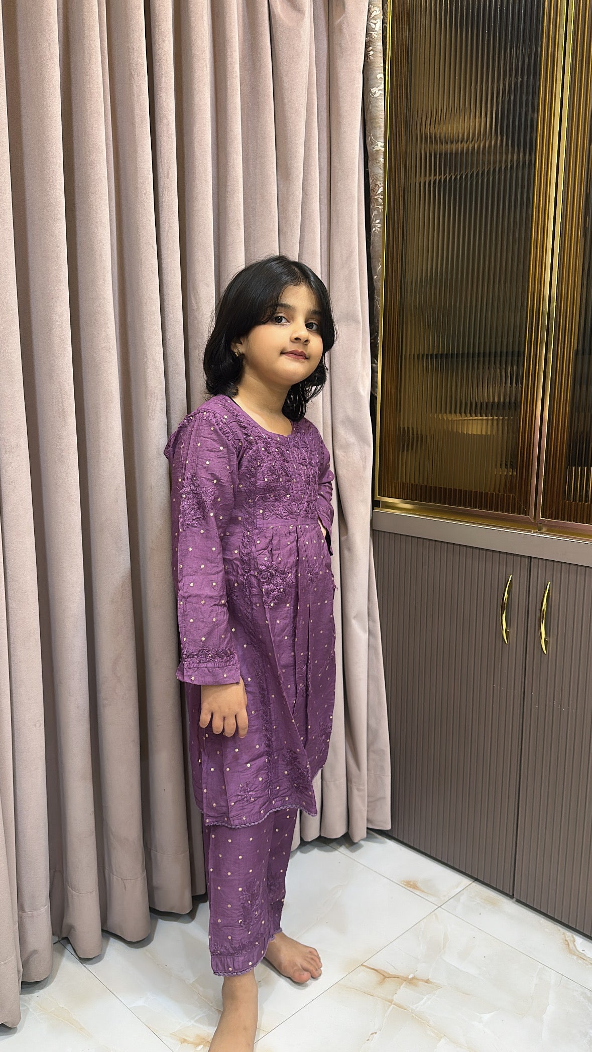 Purple lucknowi kids chanderi pant set