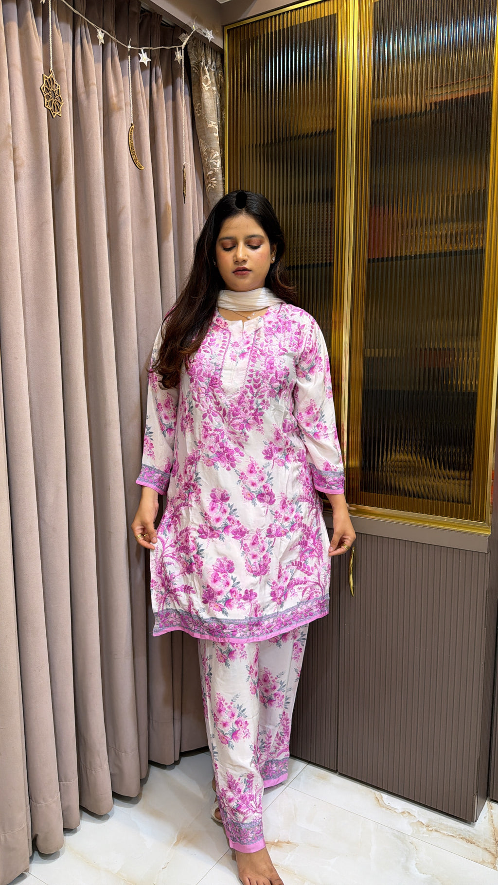 Purple pink Poly Crepe Printed Co ord Set