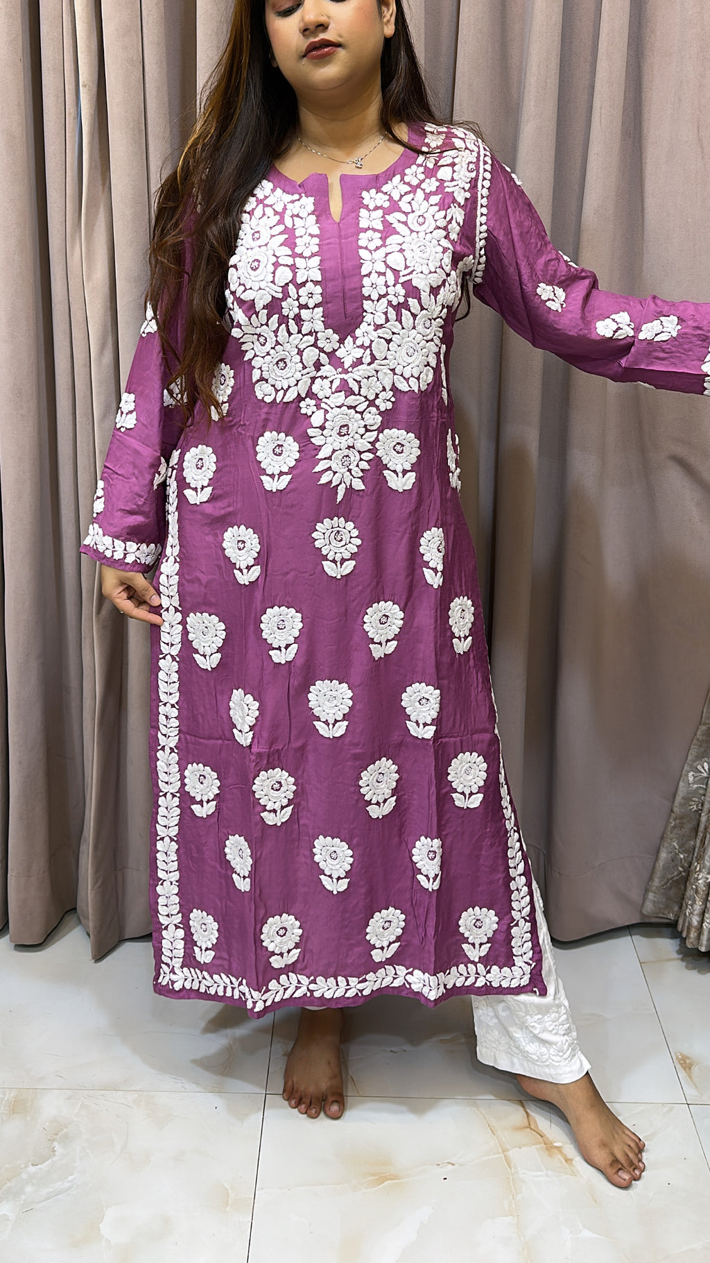 Purple Pure muslin triple thread lucknowi kurti