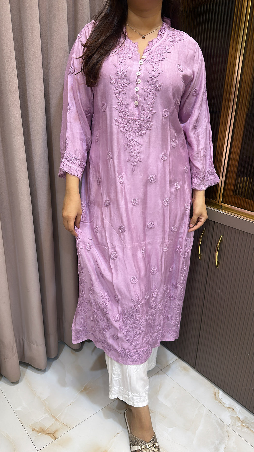 Purple Muslin front button kurti