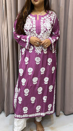 Purple Pure muslin triple thread lucknowi kurti