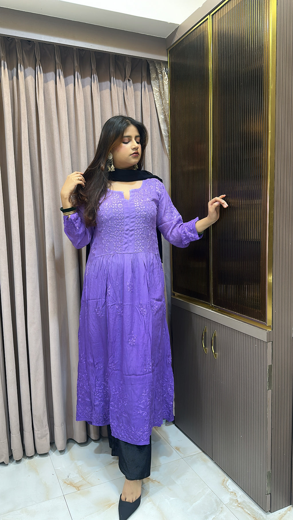 Purple Crepe Mukesh work  Aline gown