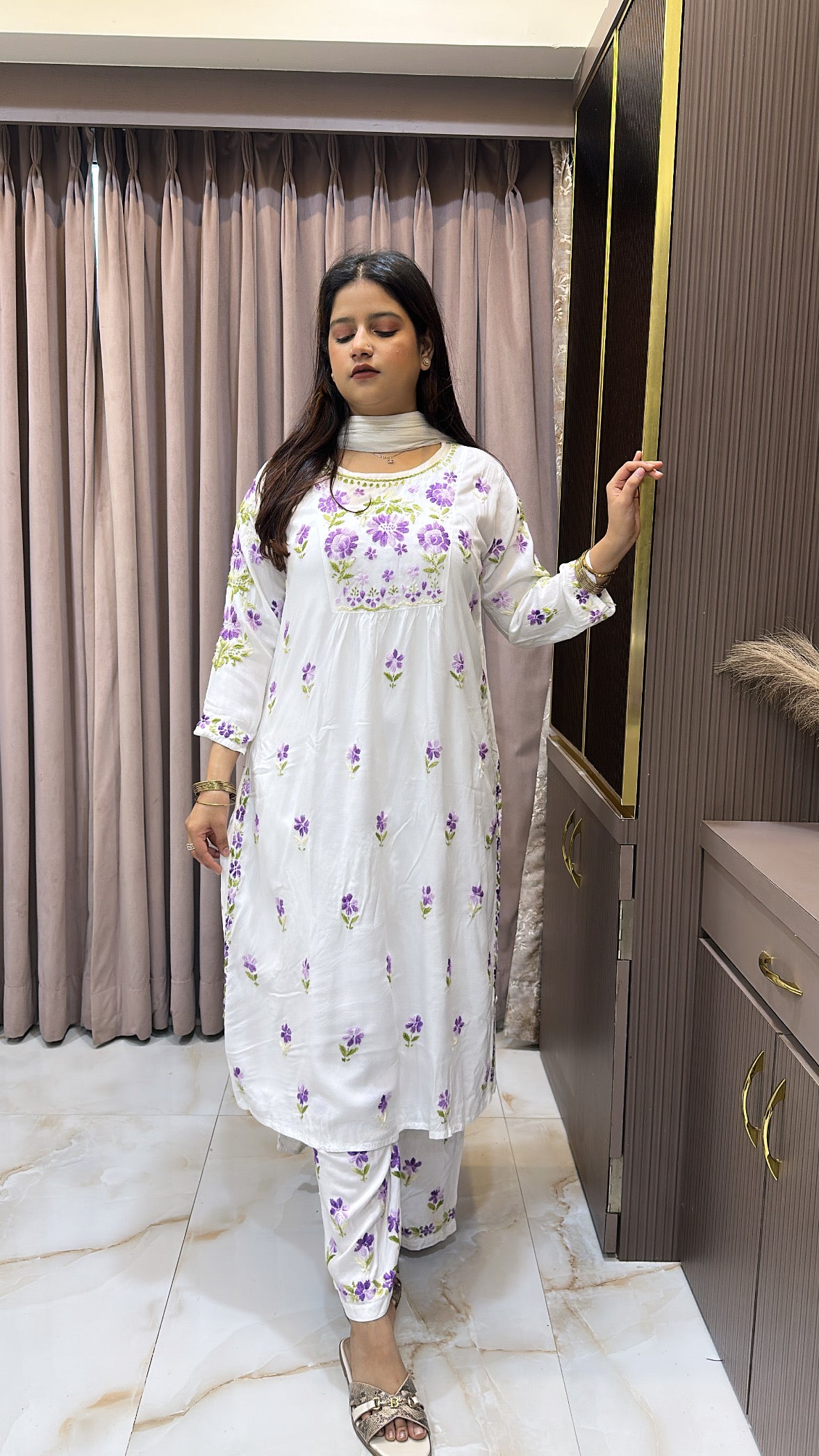 Rayon White with Purple Aline plazo set