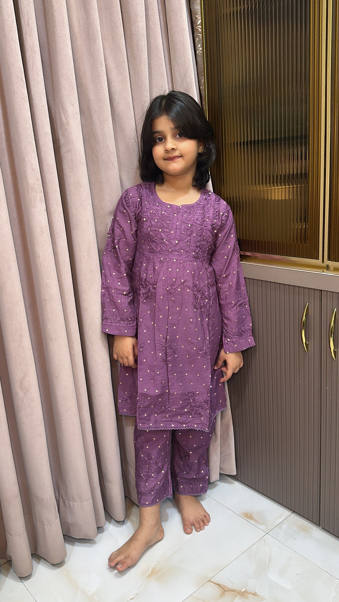 Purple lucknowi kids chanderi pant set