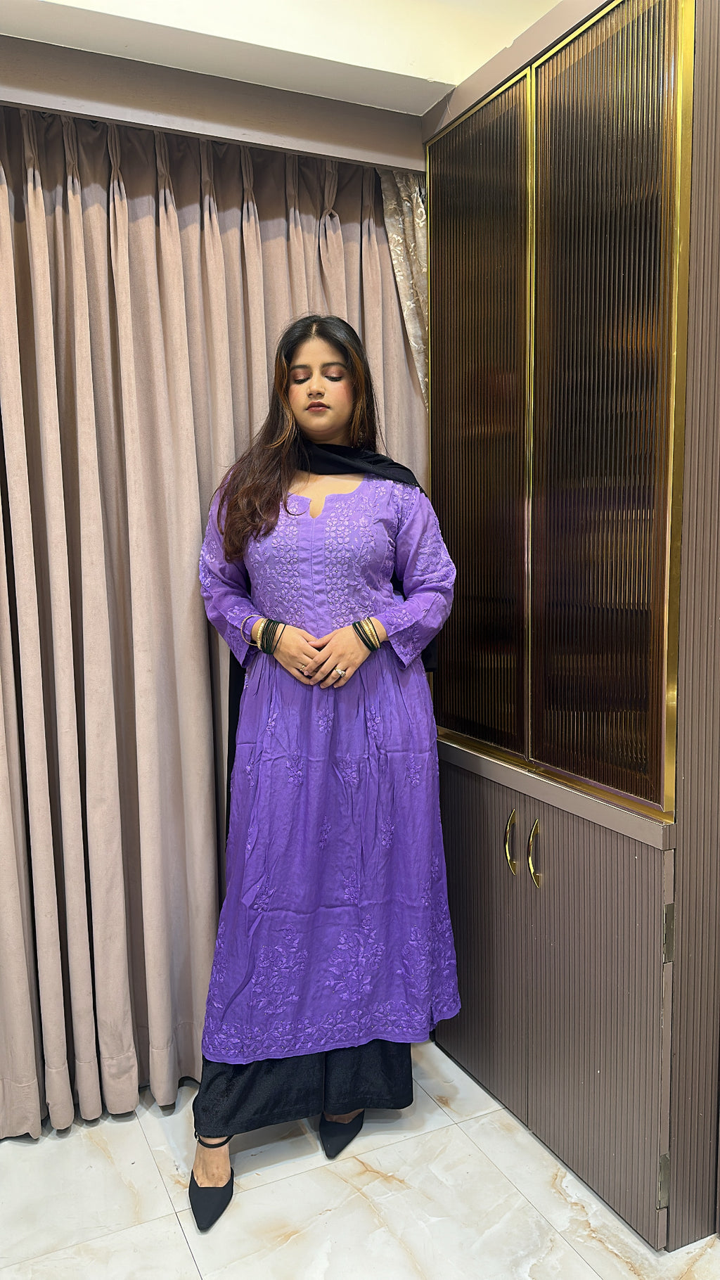 Purple Crepe Mukesh work  Aline gown