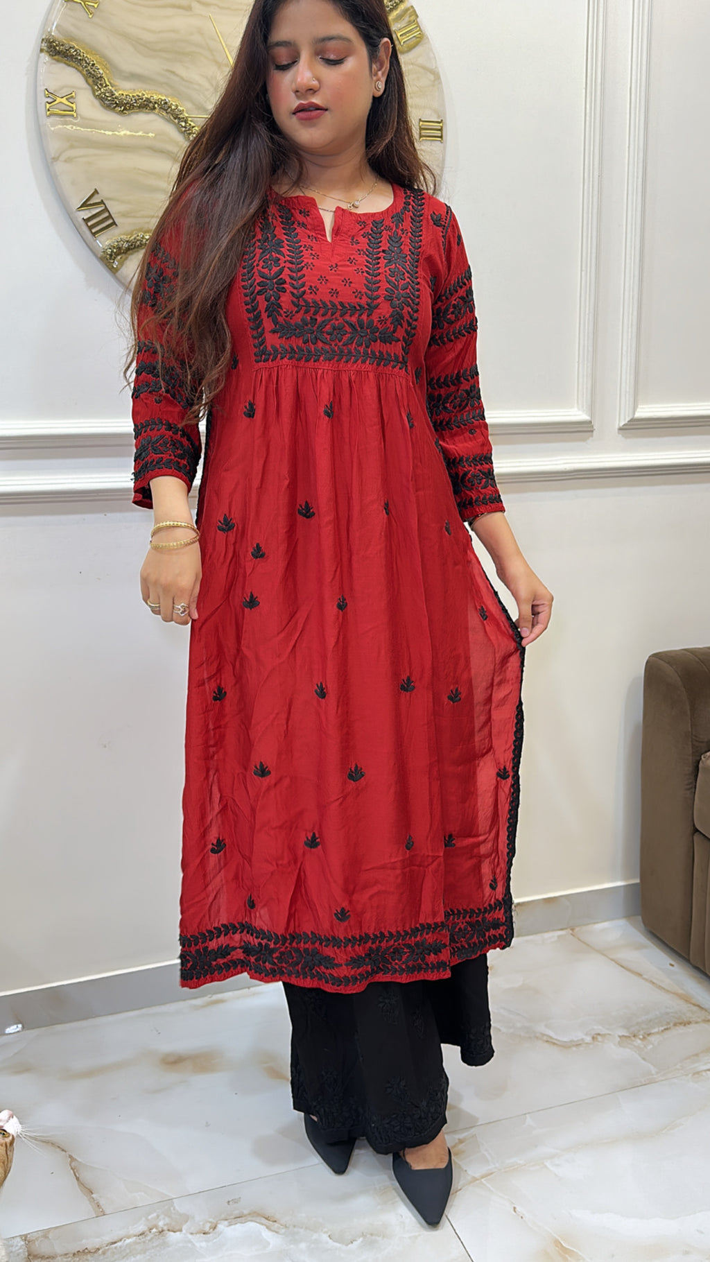 Red Pure Muslin black embroidery