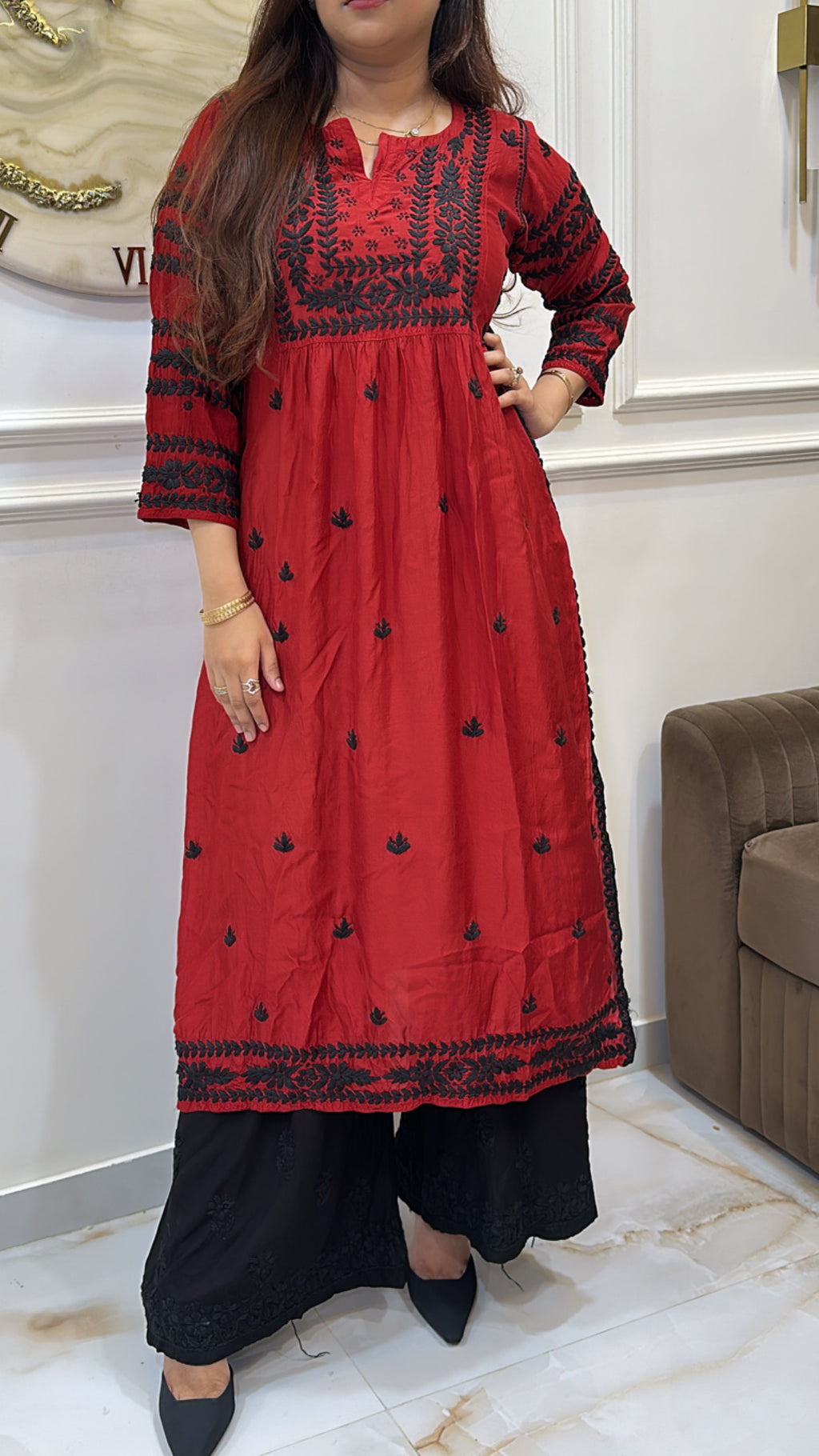 Red Pure Muslin black embroidery