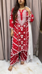 Red Pure modal lucknowi cut work sets