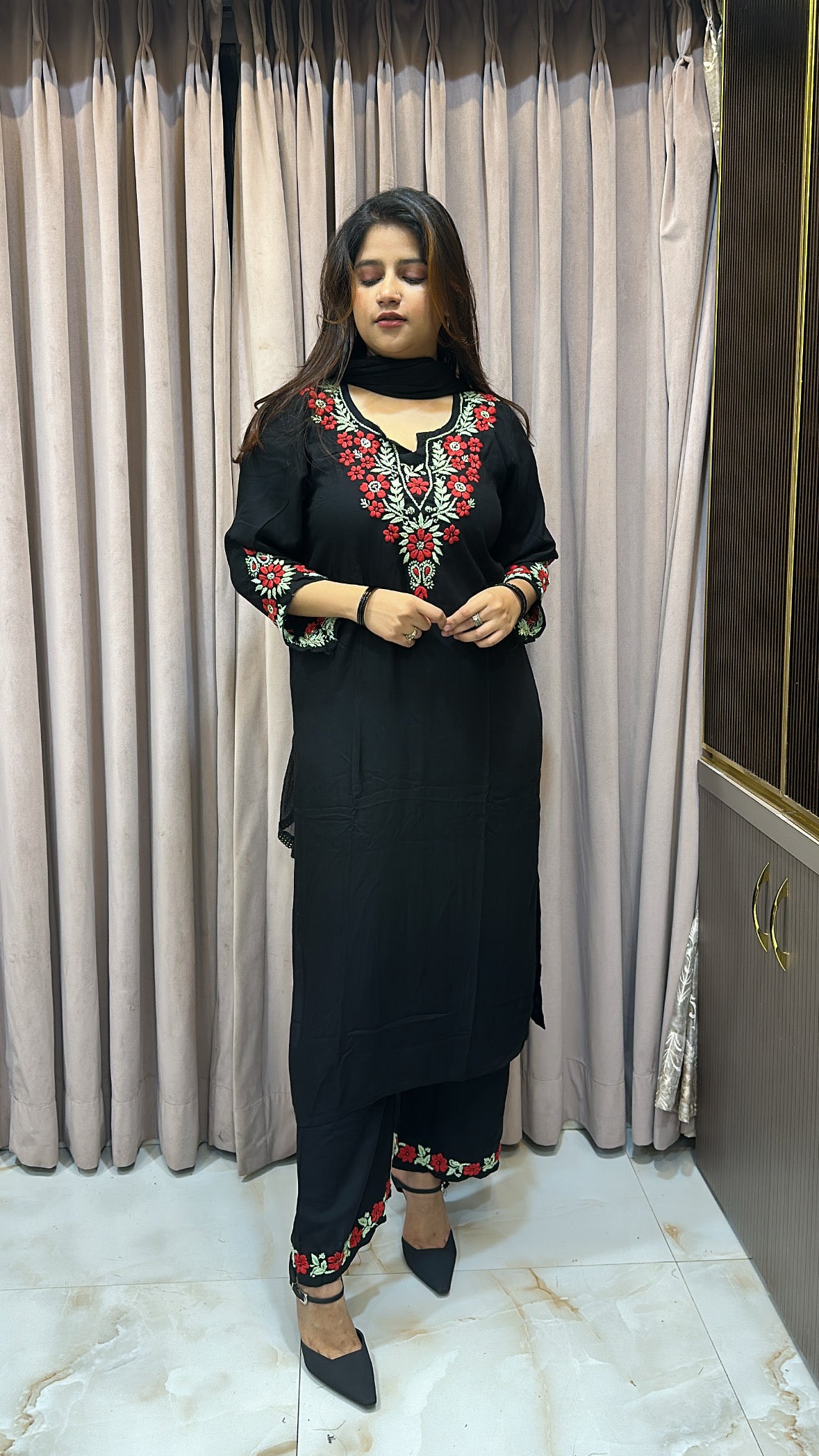 Rayon black with Red cross sleeves plazo set