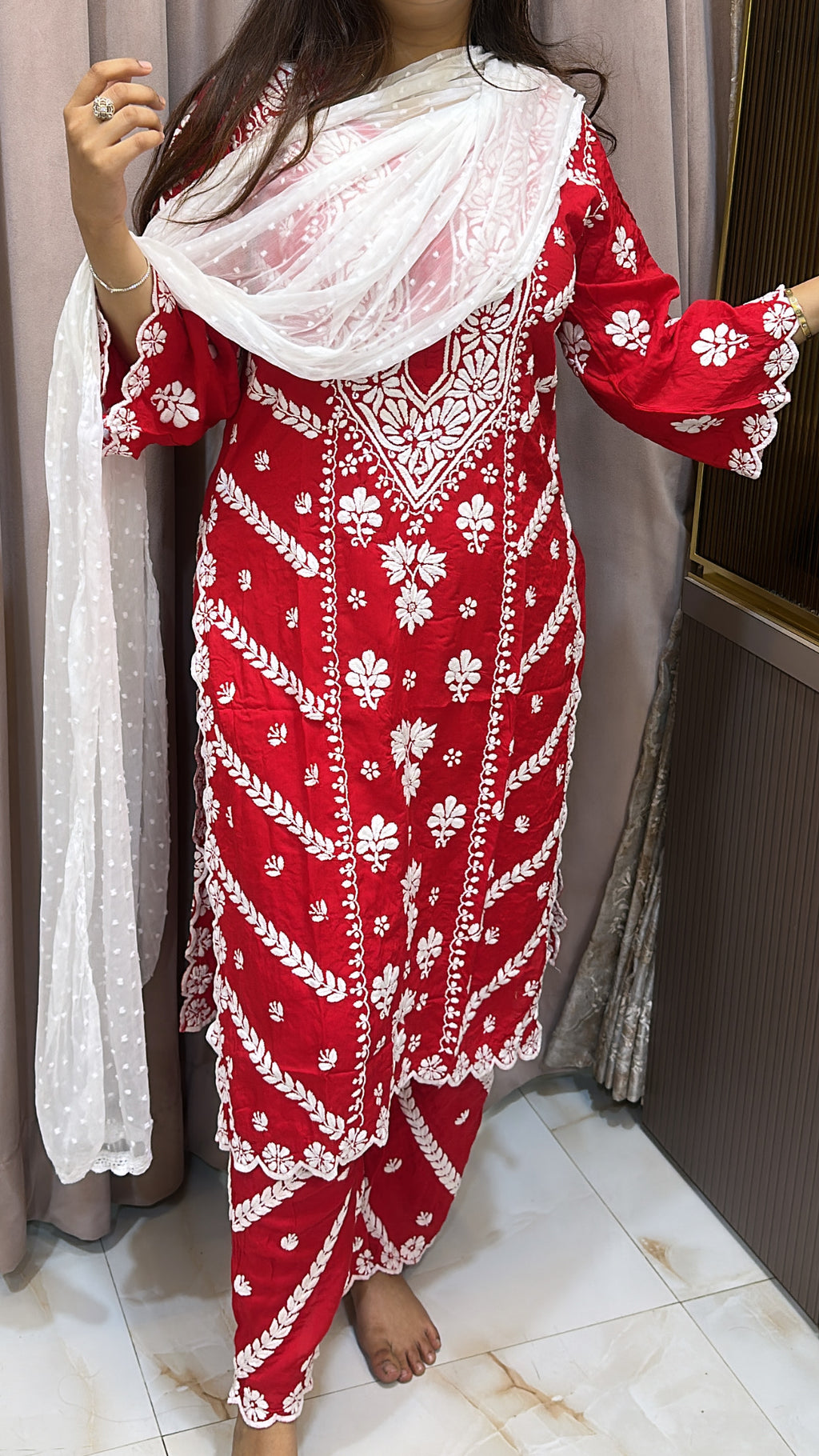 Red Pure modal lucknowi cut work sets