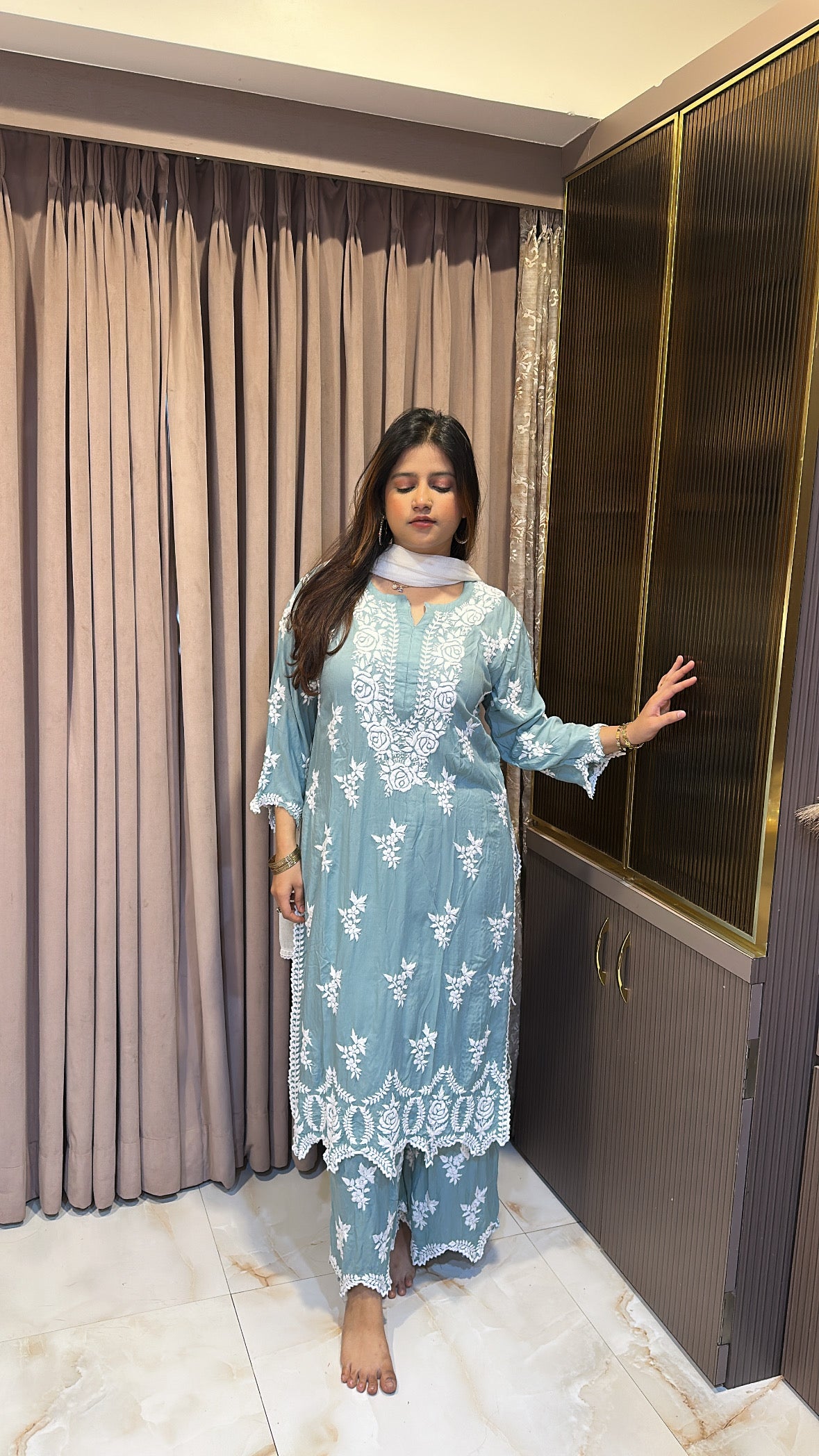 Sage Green lucknowi cut work sets