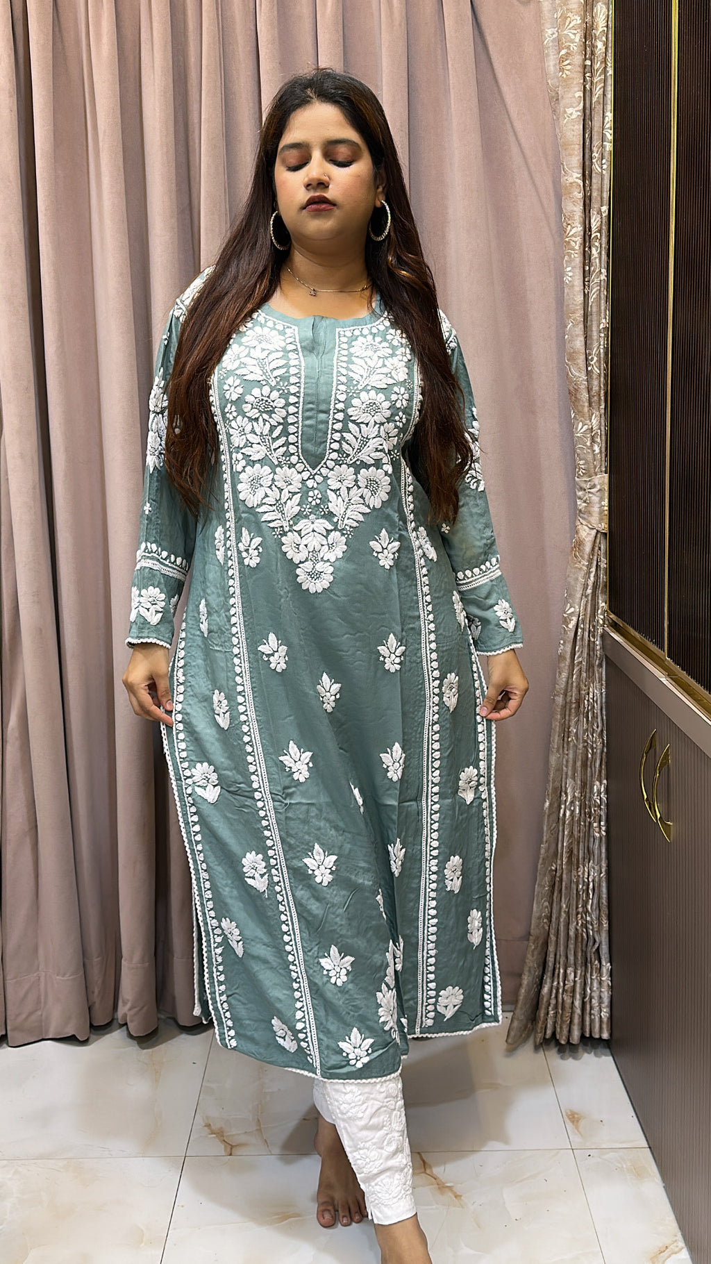 Sea green Pure modal lucknowi kurti