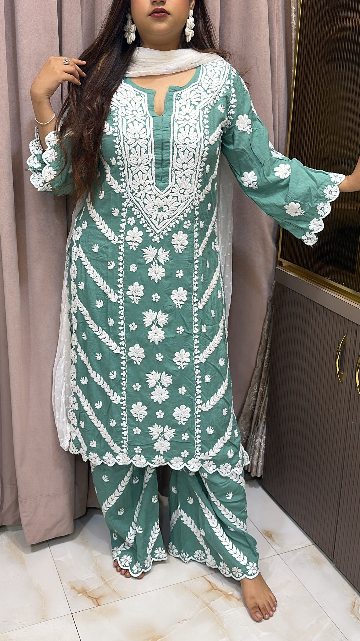 Seagreen Pure modal lucknowi cut work sets