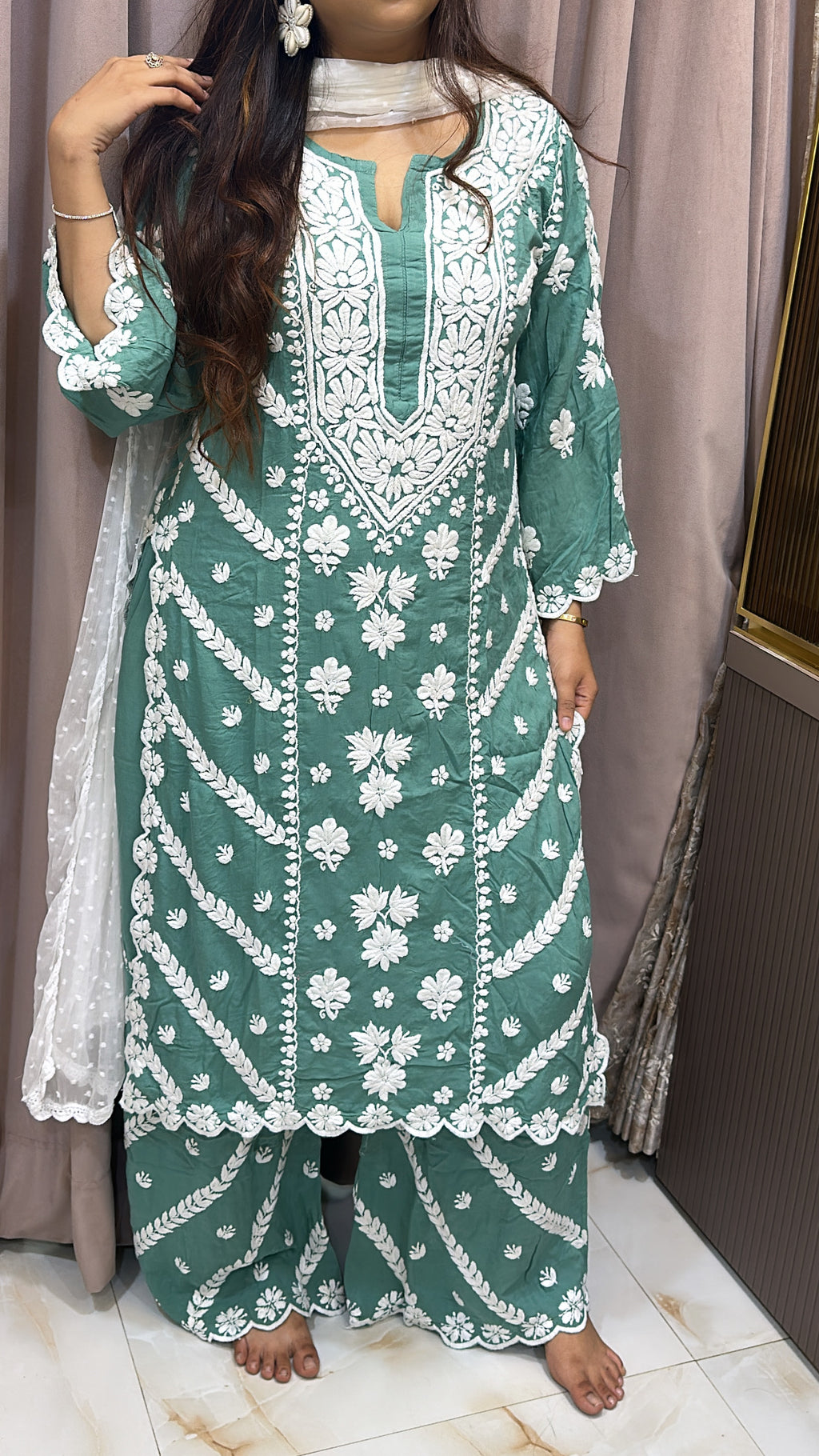 Seagreen Pure modal lucknowi cut work sets